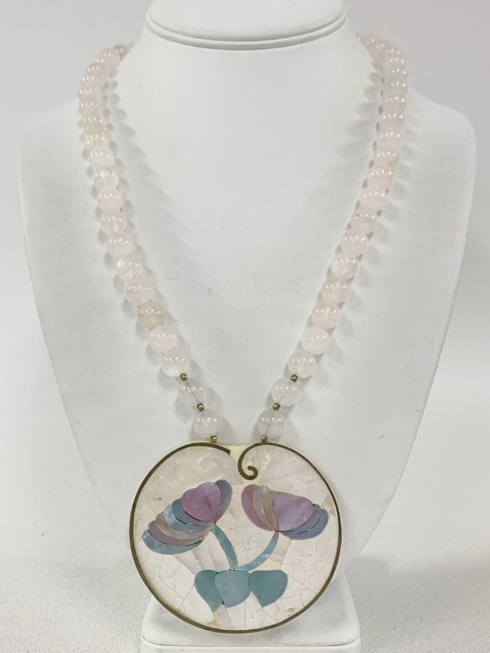 Lee Sands  21.5" Pink Jade Mother Of Pearl Floral Mosaic Inlay Necklace